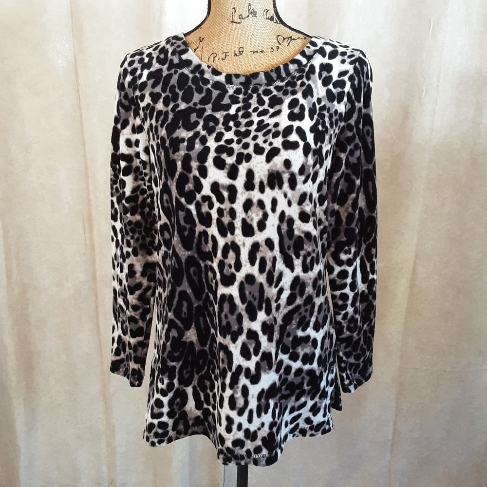 Plush Velour Leopard Print Long Sleeve Pullover Top Sz S